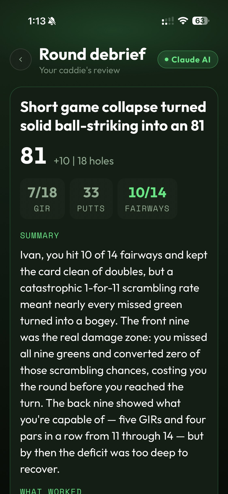 AI Caddie screen showing round analysis