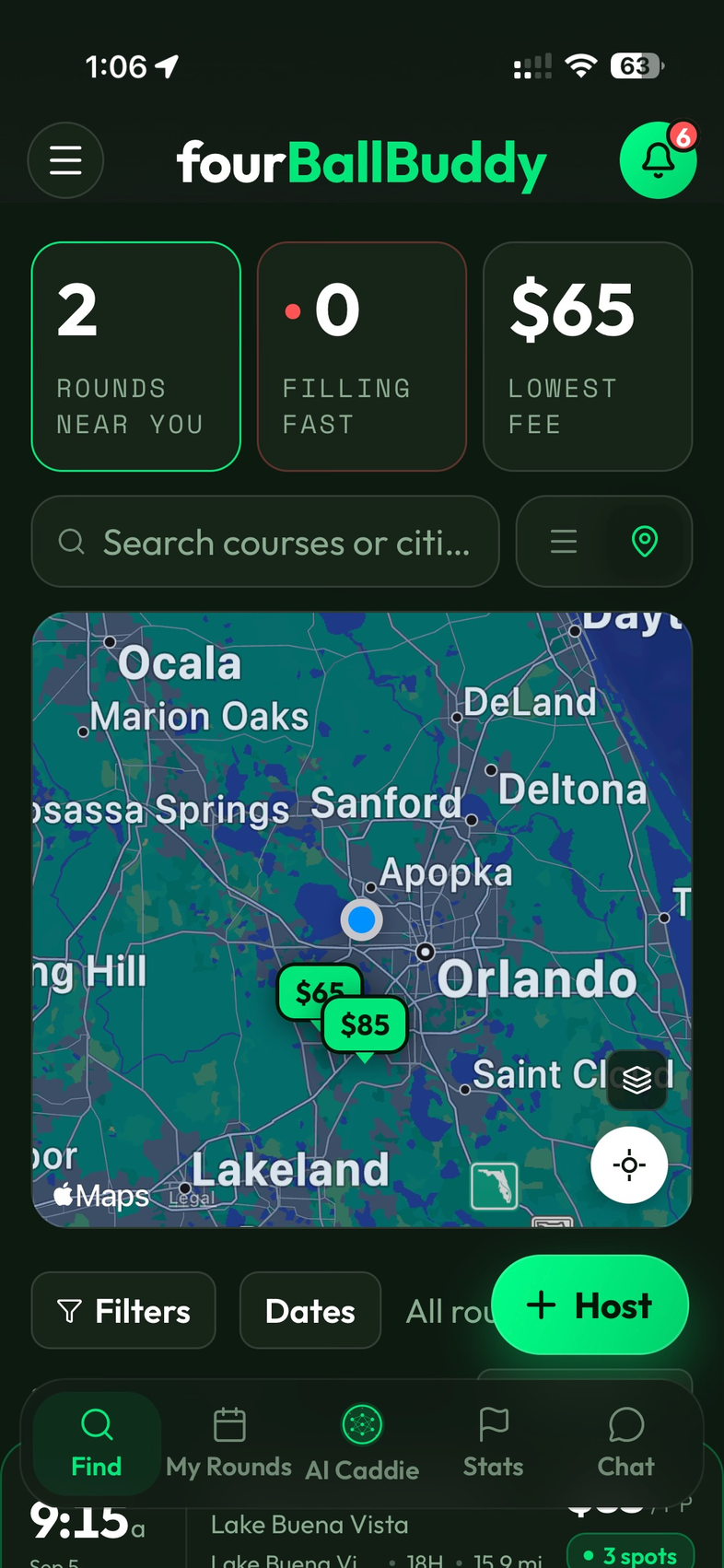 Satellite map with green price pins for nearby rounds