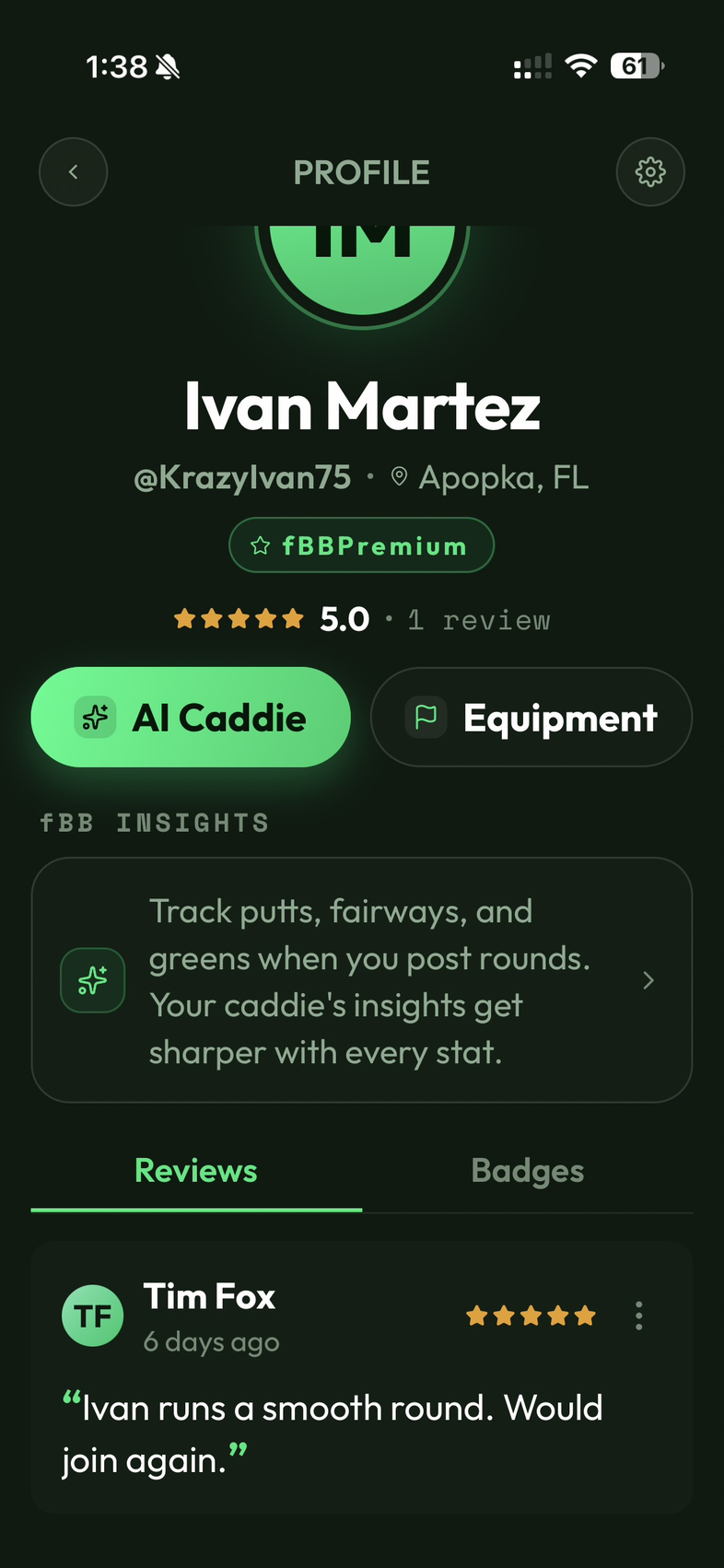 Player profile showing star rating and reviews