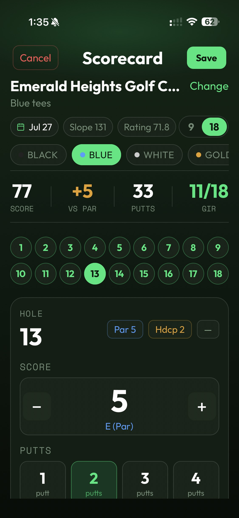 Live scorecard with hole-by-hole entry