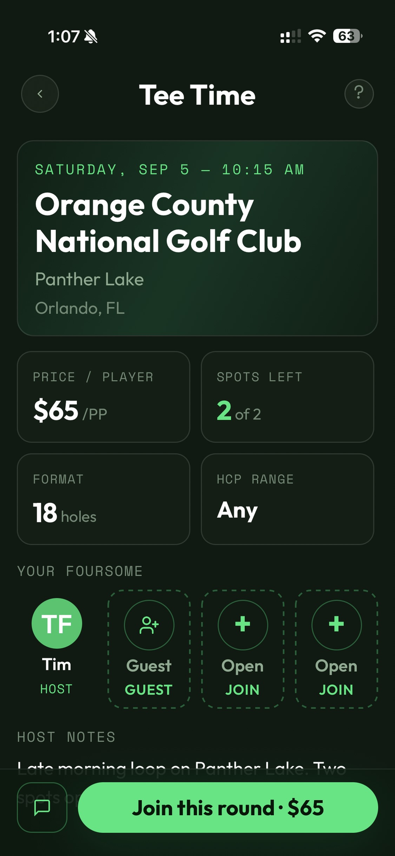 Tee time detail card showing course, time, price and open spots